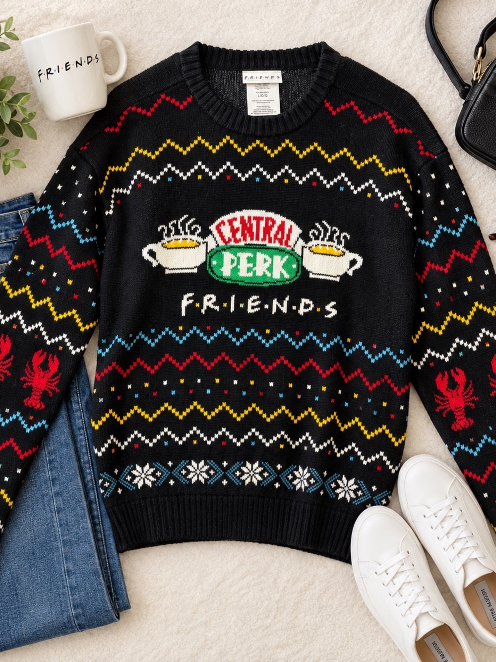 Friends Central Perk Fair Isle Ugly Christmas Sweater Black Lobster Size Large